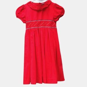Girl Red Corduroy Smocked Dress Puff Sleeve Ruffle Size 6
